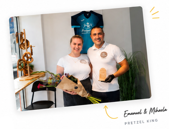 Emanuel en Mihaela Cojocariu, oprichters van Pretzel King, in een samengestelde portretcompositie